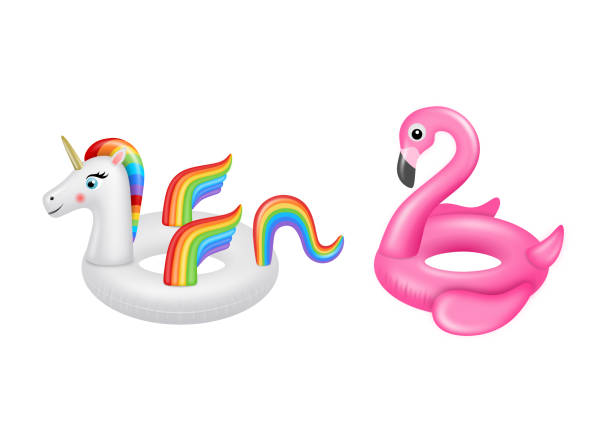 istock Flamingo and unicorn inflatable swimming rings. Floating summer rubber toys 1221272693