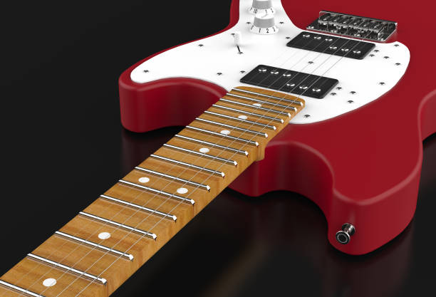 istock Red guitar 3D render on black background. Close up. 1221277025