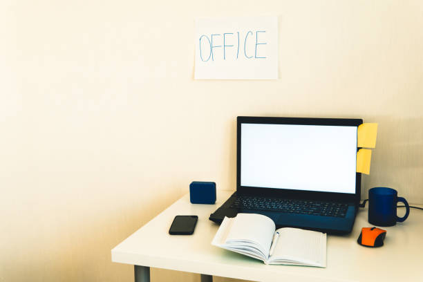 istock Home office workplace. Laptop on the table. 1221278961