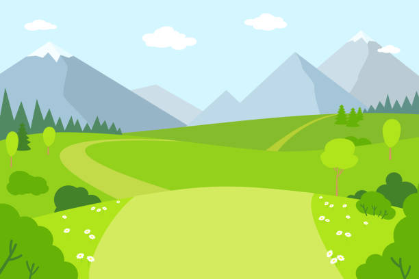 ilustraciones, imágenes clip art, dibujos animados e iconos de stock de paisaje de montaña naturaleza rural estilo plano vector - green hill nature landscape