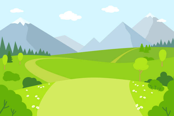 ilustraciones, imágenes clip art, dibujos animados e iconos de stock de paisaje de montaña naturaleza rural estilo plano vector - landscape green tree hill