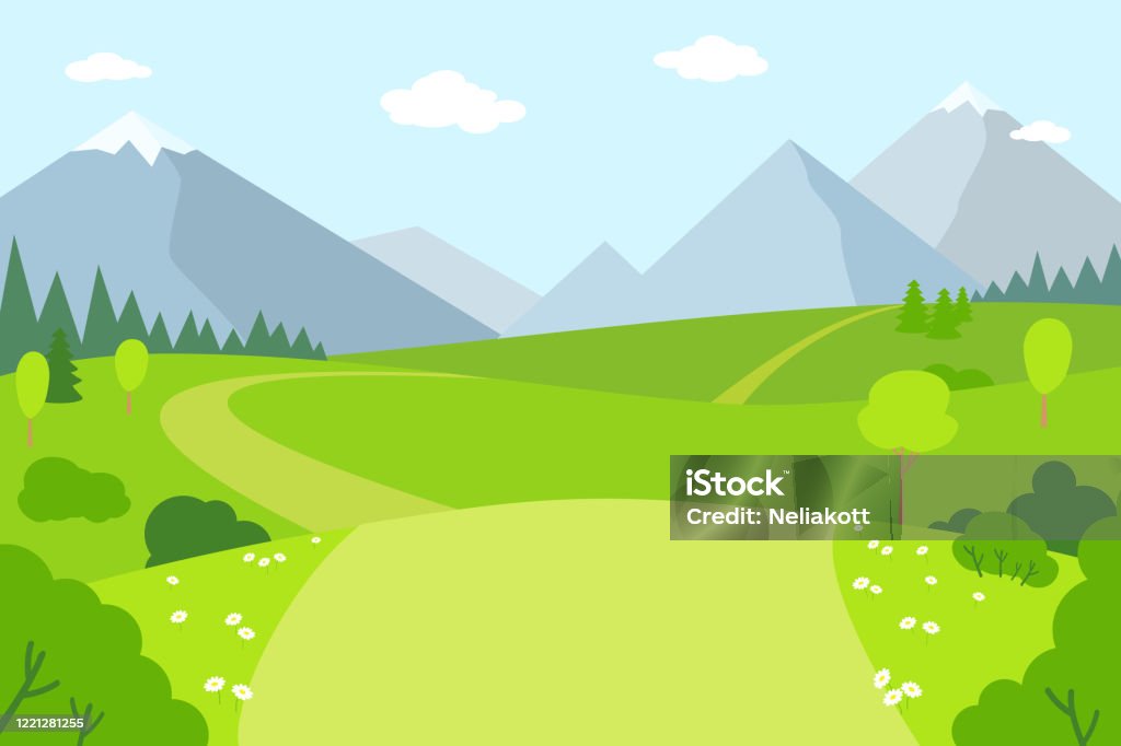 Mountain Landscape Nature Rural Flat Style Vector Stock Illustration -  Download Image Now - Mountain, Landscape - Scenery, Cartoon - iStock