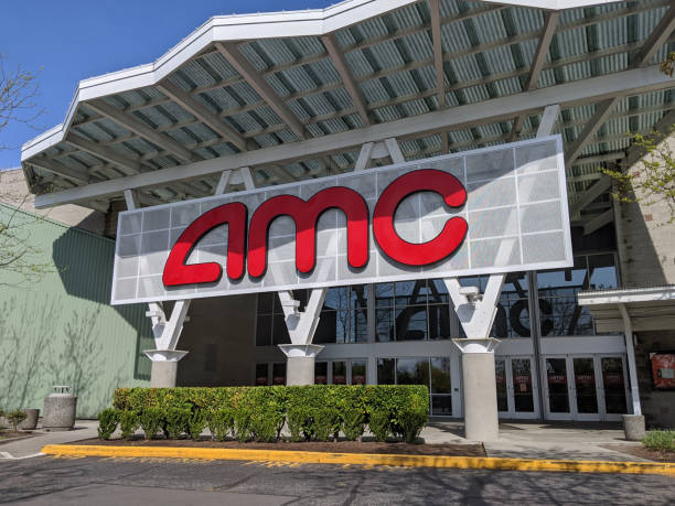 Low angle view of the exterior of an AMC movie theater on a sunny day. Woodinville, WA / USA - circa April 2020: Low angle view of the exterior of an AMC movie theater on a sunny day. box office photos stock pictures, royalty-free photos & images