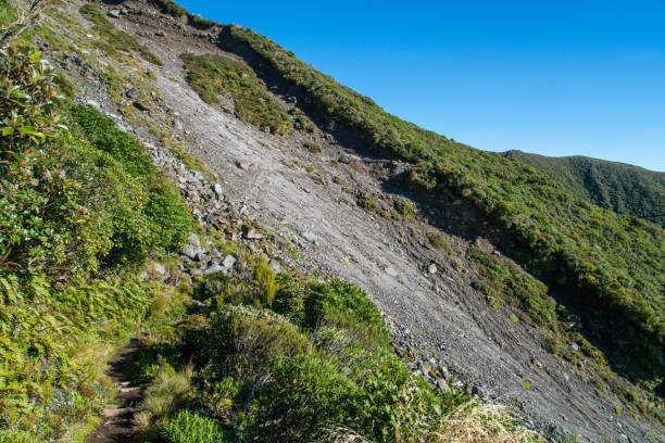 la parete rocciosa libera e l'area frana della pista boomerang slip nel parco nazionale di egmont, in nuova zelanda. - ripido foto e immagini stock