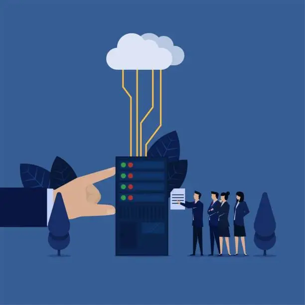 Vector illustration of Business team put file on data center connected to cloud metaphor of cloud storage.