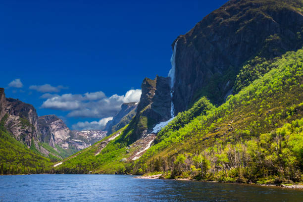 Snow mountains, fjords, waterfalls all in one place - Gros Morne National Park, Newfoundland, Canada stock photo