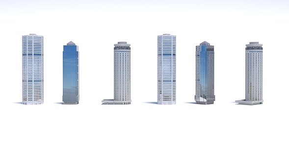Set of different skyscraper buildings isolated on white. 3d illustration.
