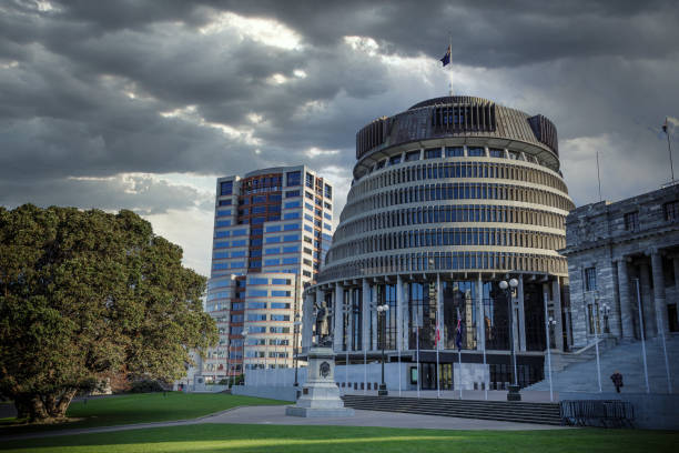 the Beehive, Wellington, New Zealand - New Zealand Parliament building under a moody wellington sky New Zealand Parliament building under a moody wellington sky beehive new zealand stock pictures, royalty-free photos & images