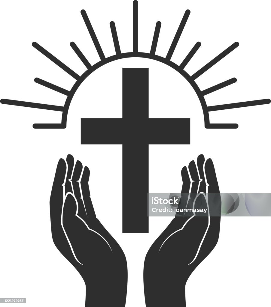 Hands With Shining Holy Cross Design Element For Label Emblem Sign ...