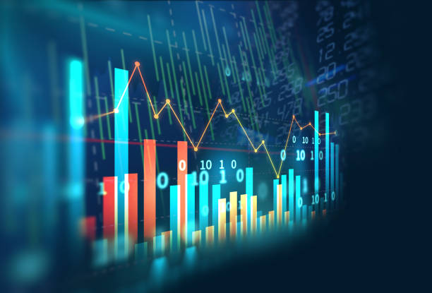 grafico degli investimenti in borsa con dati indicatori e volume. - chart stock market finance graph foto e immagini stock