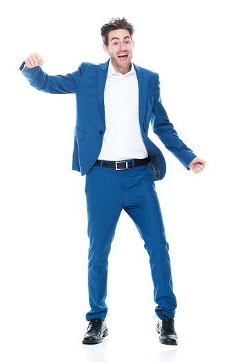 One person of aged 30-39 years old with brown hair caucasian young male businessman exercising in front of white background wearing businesswear who is feeling joy