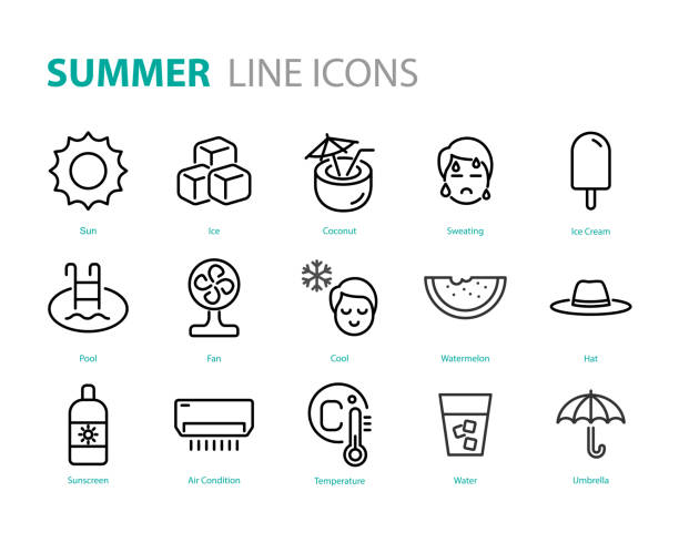 set von sommer-ikonen, heiß, eis, sonne, getränke - sweat stock-grafiken, -clipart, -cartoons und -symbole