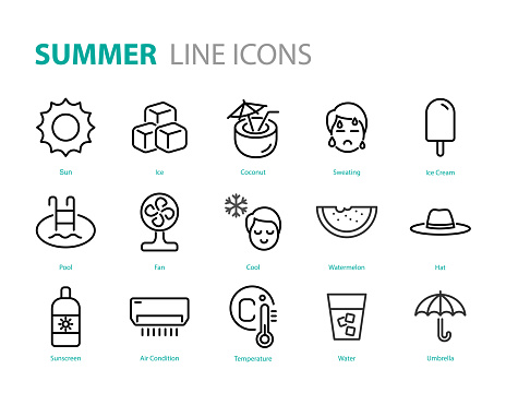 set of summer icons, hot, ice cream, sun, drinks