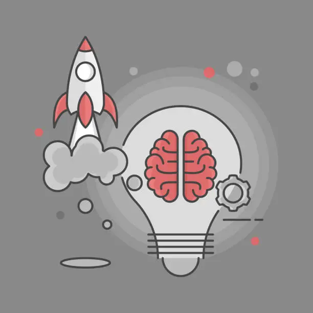 Vector illustration of Light bulb, human brain and rocket launching illustration.