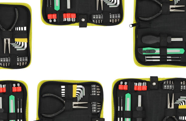 istock portable or pocket toolkits with set locksmith tools for home, pliers, hexagon keys, screwdriver, frame for greeting card, isolated on white background, concept of gift for father's day 1221296611