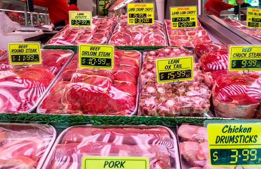 Freshly cut and presented lamb, beef, chicken and pork meat on display for sale at a local butchery. Image taken through an external window.