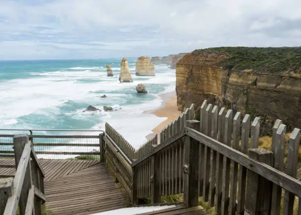 View of the twelve apostles limestone rock formations from a clifftop walkway