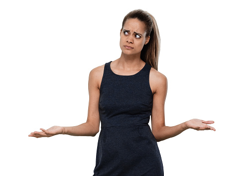 Portrait of aged 30-39 years old who is beautiful with long hair african-american ethnicity young women manager standing in front of white background in the office wearing businesswear who is confused