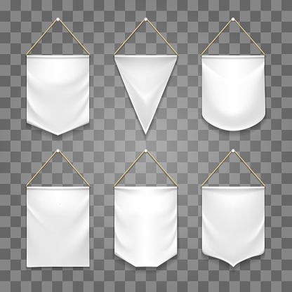 Blank white pennant set. Different shape textile pennant banners set on transparent background, empty vertical realistic hanging flags or trophy fabric symbols vector illustration