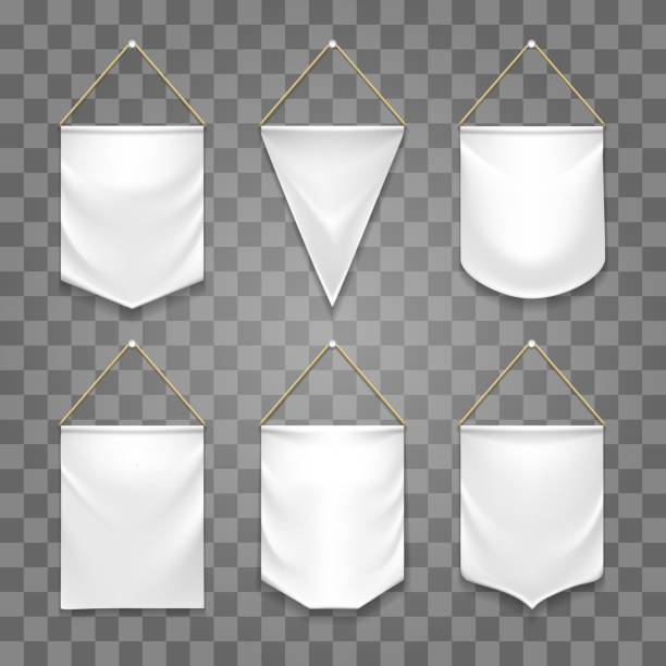 Blank white pennant set Blank white pennant set. Different shape textile pennant banners set on transparent background, empty vertical realistic hanging flags or trophy fabric symbols vector illustration hanging stock illustrations