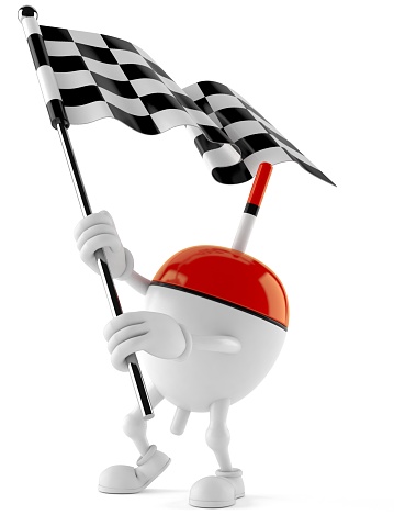 Fishing float character waving race flag isolated on white background. 3d illustration