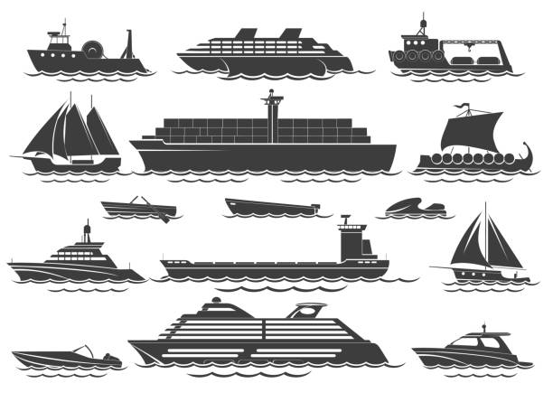 Silhouette of vessels Silhouette of vessels. Sailing boat, sea cruise for vacation, travel speed yacht and marine sailboat vector icon set barge stock illustrations