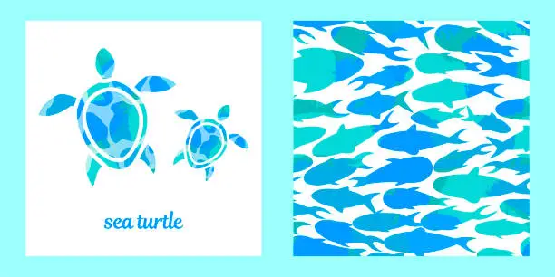 Vector illustration of sea turtles and fishes