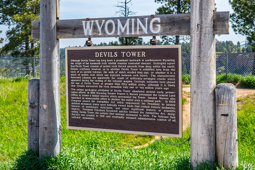 Devils Tower NM, Wyoming, May 31, 2019: A welcoming signboard at the entry point of preserve park