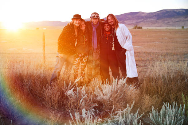Group of hippies enjoying a road trip