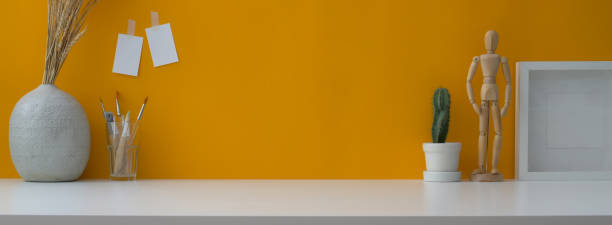 istock Close up view of creative workspace with copy space, decorations, painting tool 1221310662