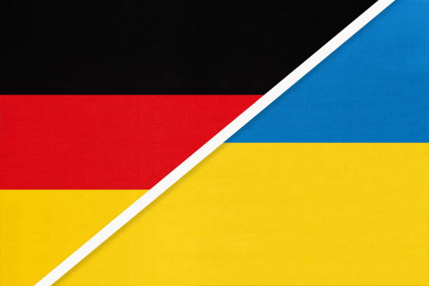 istock Federal Republic of Germany vs Ukraine, symbol of two national flags. Relationship between european countries. 1221313516