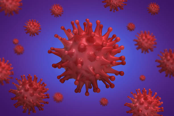 Virus red bacteria cells 3D render background banner image. Flu, influenza, coronavirus model illustration. Covid-19 banner. stock photo