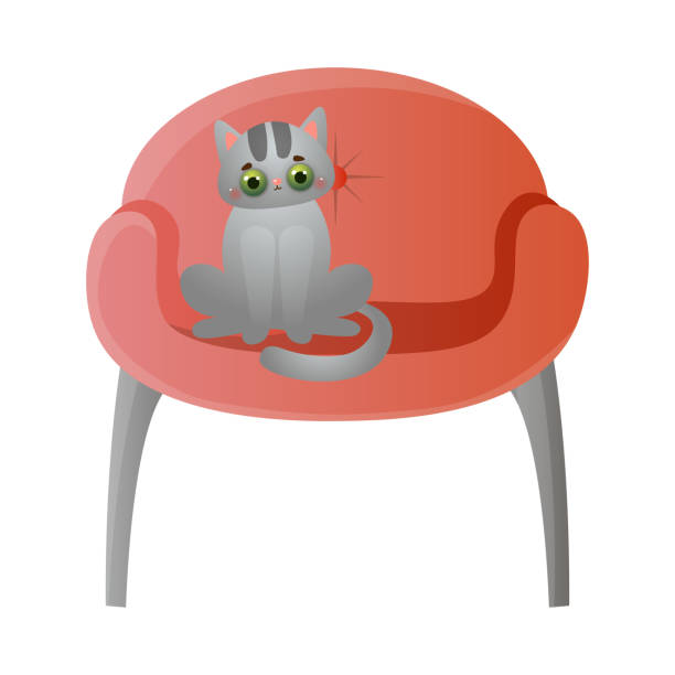 istock Cute domestic grey cat character sitting on the soft red chair. Vector illustration in flat cartoon style 1221315196