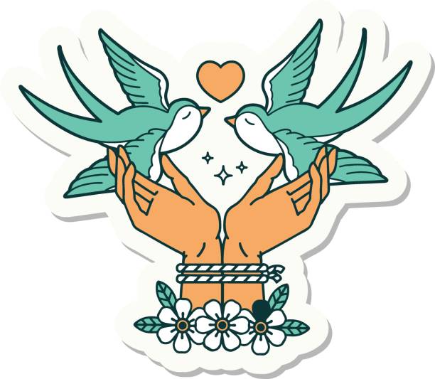 tatuaż styl naklejki związane ręce i jaskółki - heart shape line art valentines day love stock illustrations
