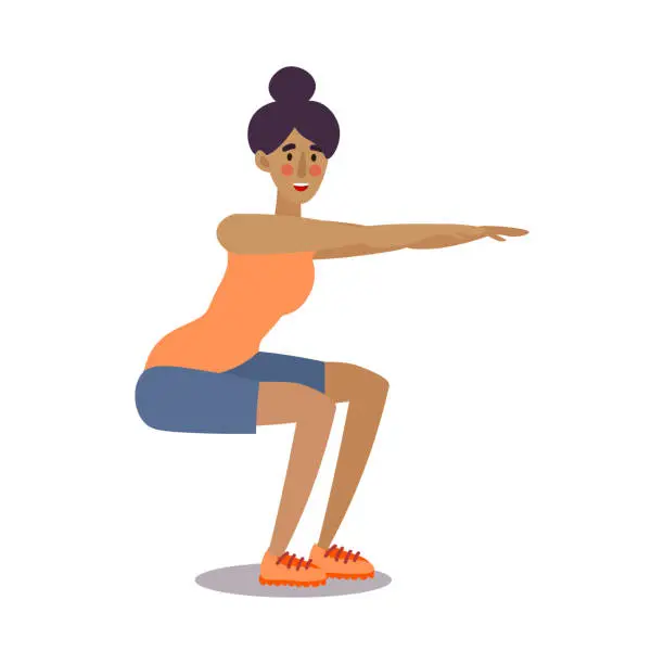 Vector illustration of Fitness trainer girl doing squatting exercise in a gym. Vector illustration in flat cartoon style