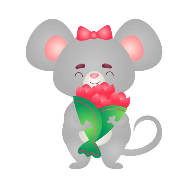 ilustrações, clipart, desenhos animados e ícones de feliz personagem de rato cinza com um arco vermelho na cabeça segurando um buquê de flores. ilustração vetorial no estilo de desenho animado plano. - mouse computer mouse pets white background