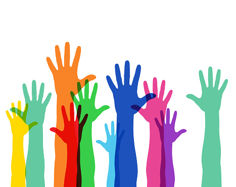 Illustration of a crowd raising hands, colorful