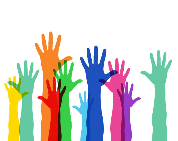 Illustration of a crowd raising hands Illustration of a crowd raising hands, colorful arms raised illustrations stock illustrations