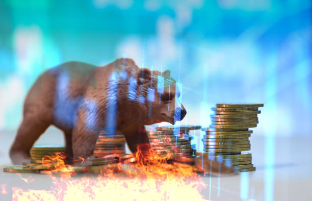 istock bull and bear market concept with stock chart digital crisis red price drop down chart fall - stock market bear finance risk trend investment business and money losing moving economic with fire 1221320466