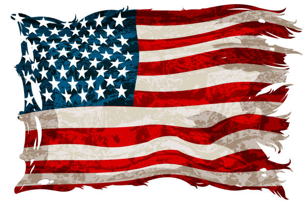 오래된 초라한 미국 국기. 상세한 사실적인 그림. 벡터 아트 일러스트
