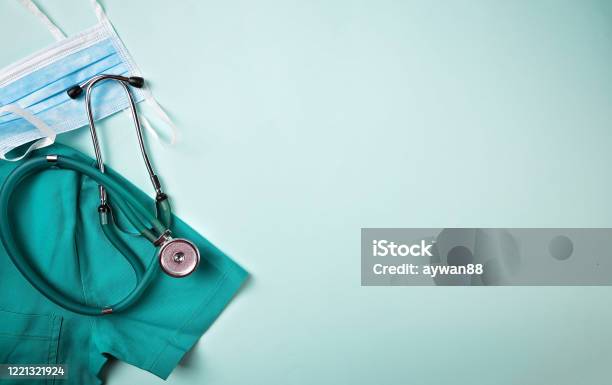Doctor Equipment Flat Lay Background Stock Photo - Download Image Now - Healthcare And Medicine, Medical Scrubs, Order