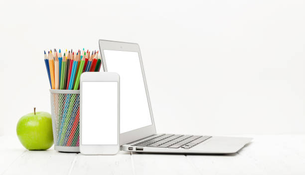 istock Workplace with laptop, smartphone, supplies 1221322264