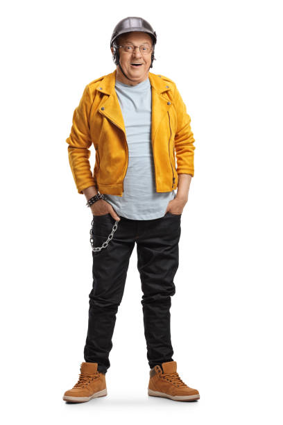 istock Elderly man biker in a yellow leather jacket 1221325307