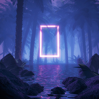 3D illustration of surreal glowing rectangular portal floating in watery tropical forest