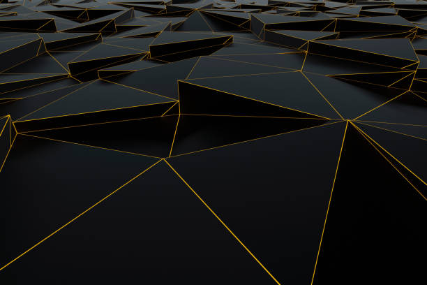 istock Abstract futuristic low poly background from black triangles with a luminous gold grid. Minimalist Black 3D rendering 1221328321