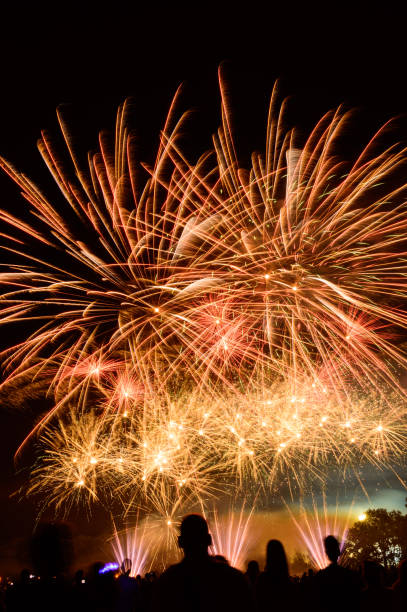 istock Night fireworks display, large numbers of people gathered. 1221328356