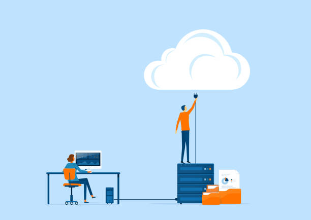 ilustrações, clipart, desenhos animados e ícones de armazenamento de tecnologia de negócios de vetor fixo e conceito de conexão em nuvem com o trabalho da equipe de administradores e desenvolvedores - nuvem
