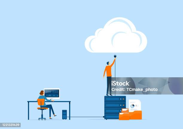 Flat Vector Business Technology Storage And Cloud Connect Concept With Administrator And Developer Team Working Stock Illustration - Download Image Now