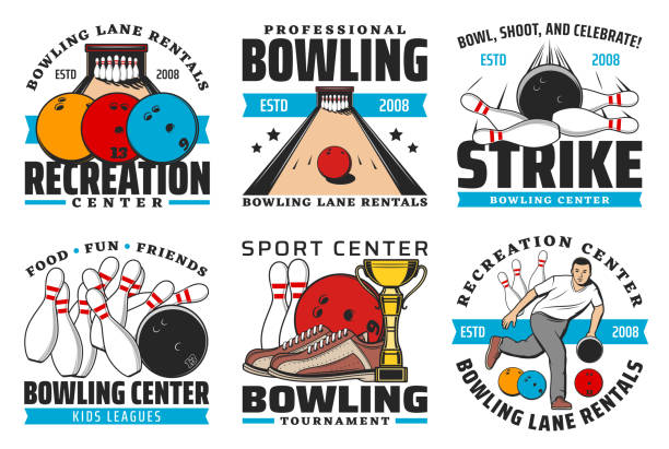 illustrazioni stock, clip art, cartoni animati e icone di tendenza di icone di giochi sportivi di bowling con palle e pin strike - leagues