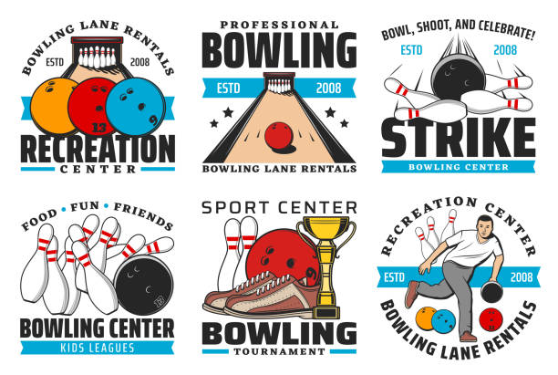 Bowling sport game icons with balls and pin strike Bowling sport club vector icons with game balls and pin strike on alley, bowling competition winner trophy cup, player and shoes. Leisure recreation center or sporting tournament emblems design sports league stock illustrations